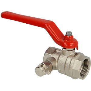 Brass ball valve 1/2" IT/IT, with drain with steel lever, red, PN 25, MS 58